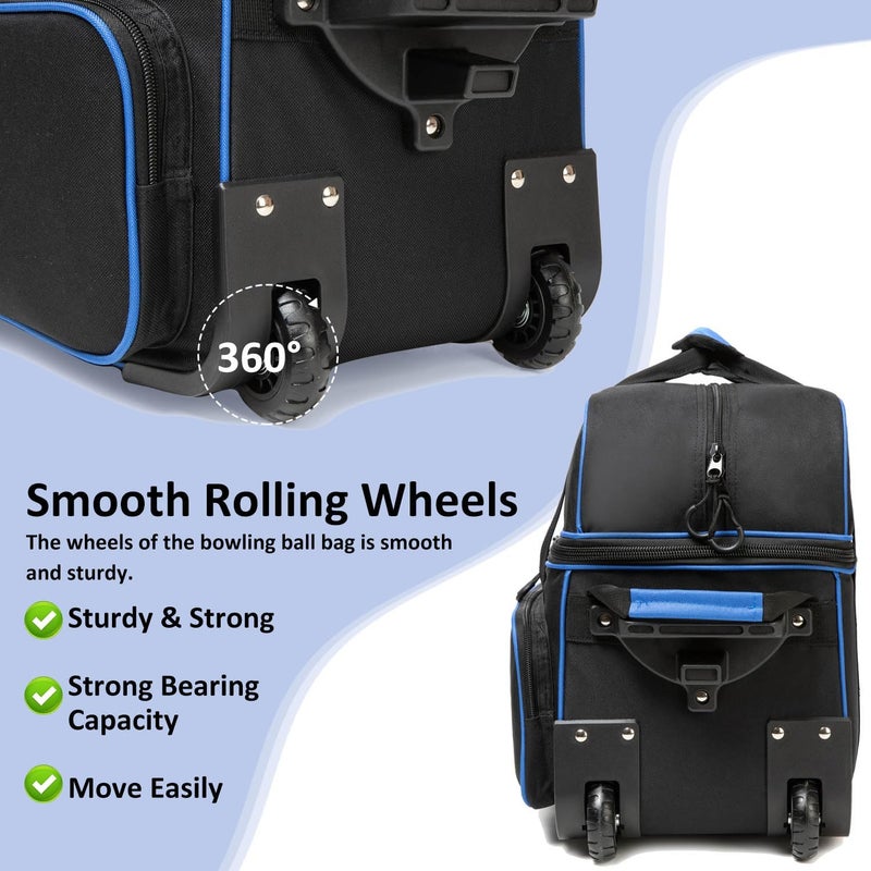 MARITTON Bowling Bag with Wheels Double Roller 2 Ball Bowling Separate Shoe Compartment and Oversized Accessory Pocket, 36.6" Extendable Handle. - Image 3